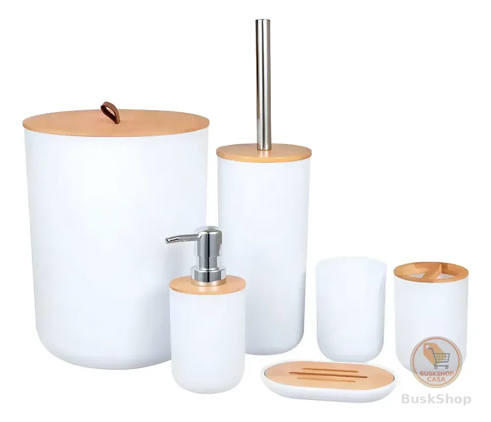 Kit Conjunto Banheiro 6 Peças Lixeira Com Tampa Bambu Plástico Organizador Decoração Lavabo Suporte Sabonete Liquido Escova de Dente Lixo Escova de Vaso Sanitario Shokki Cor Branco