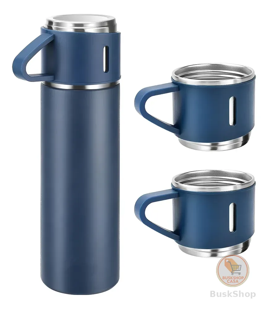 Kit Garrafa Térmica Vacuum Bottle Inox 500ml + 3 Xícaras