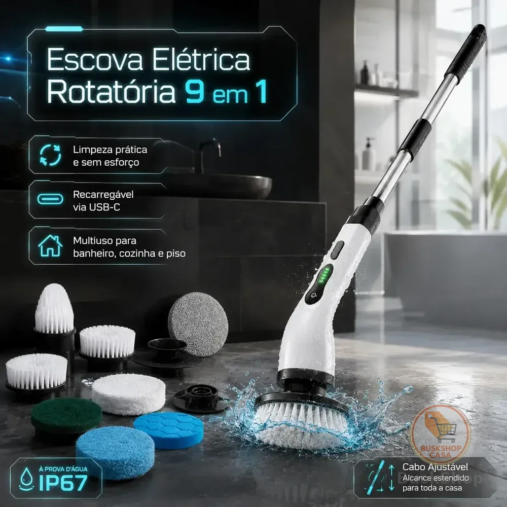 Mop Escova Elétrica Rotatória 9 Em 1 Recarregável USB-C Multiuso Limpeza Para Banheiro Cozinha E Piso