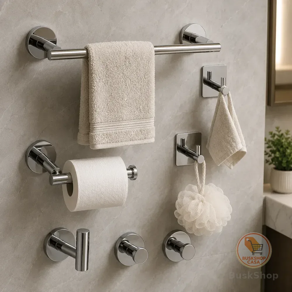 Kit Acessórios para Banheiro Inox com 7 Peças Lavabo 304 Luxo Prateado