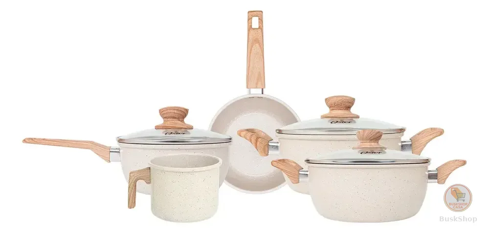 Jogo de Panelas Oster Marble Edition com Revestimento Cerâmico e Indução – Kit de 5 Peças Creme