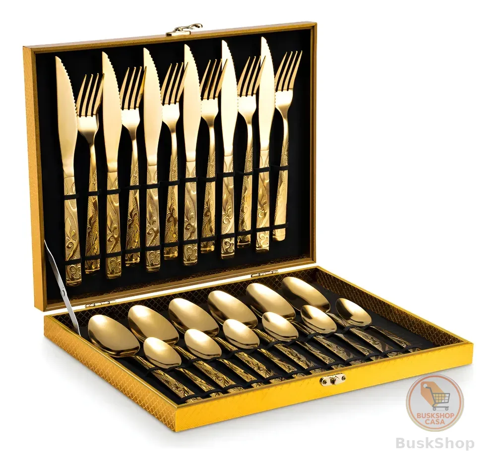 Kit Faqueiro Dourado Luxo Jogo Talheres Inox 24pçs + Maleta
