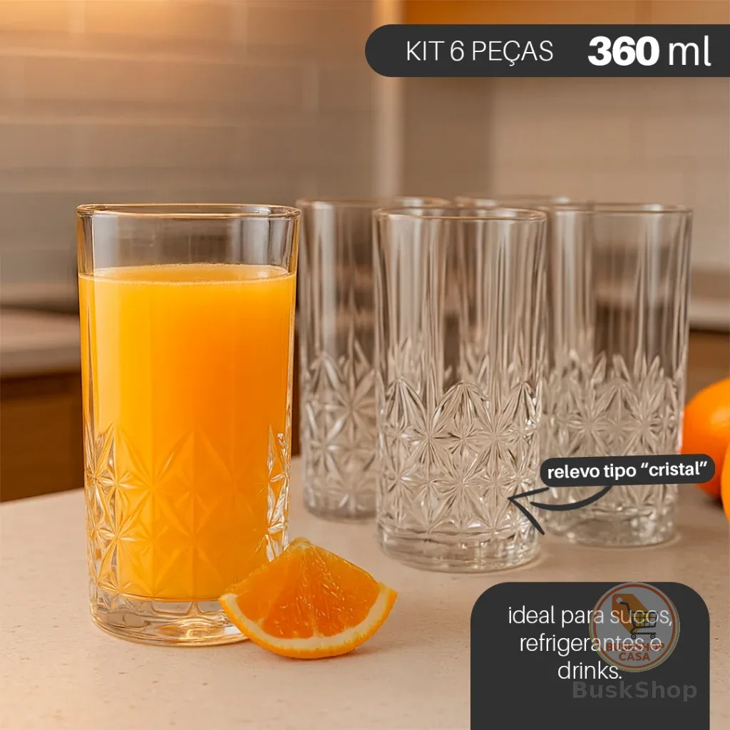 Jogo 6 Copos de Vidro Adhara 360ml – Design em Relevo Estilo Cristal