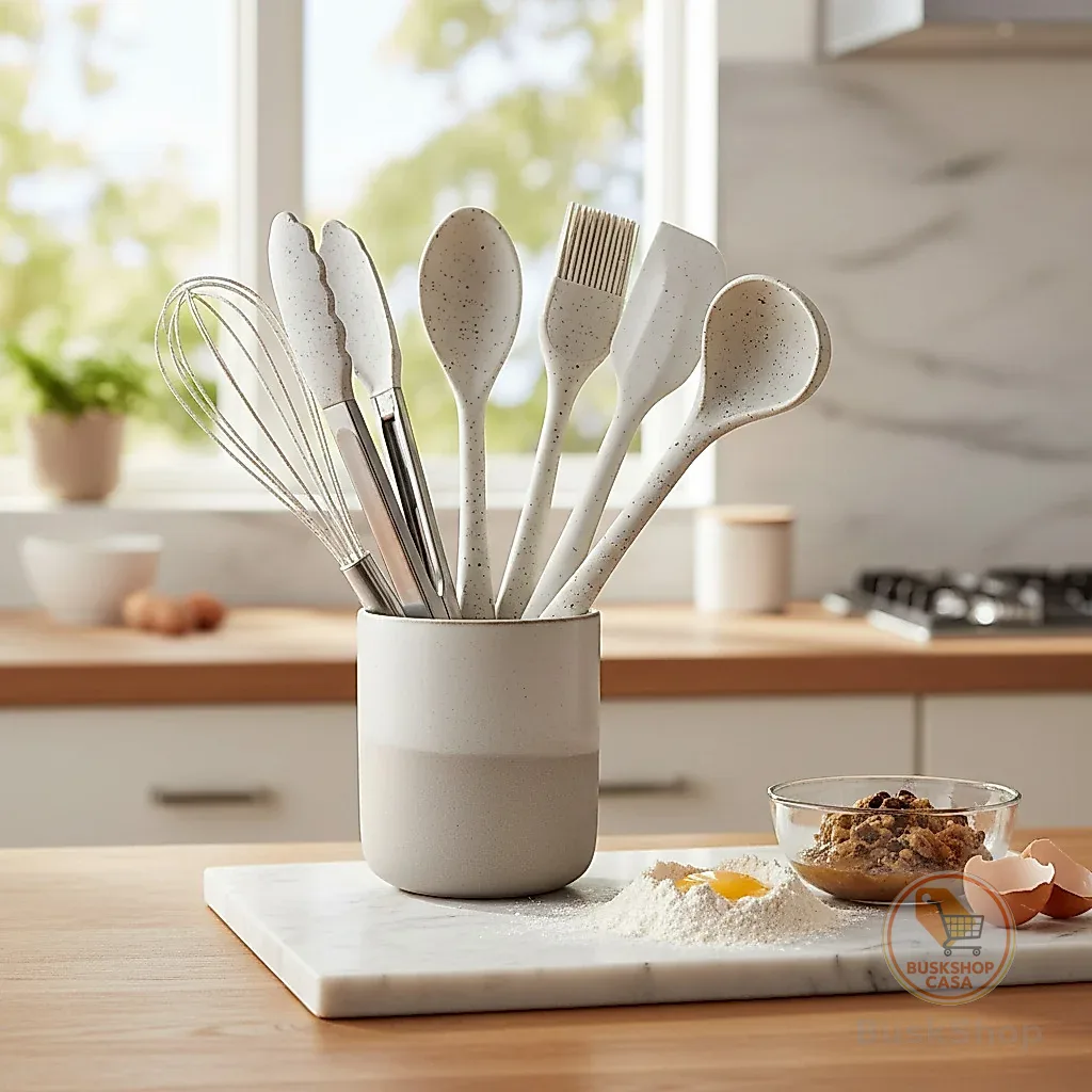 Conjunto Utensílios De Cozinha Silicone Vanilla Resistente Brinox Espátula Colher Concha Pegador