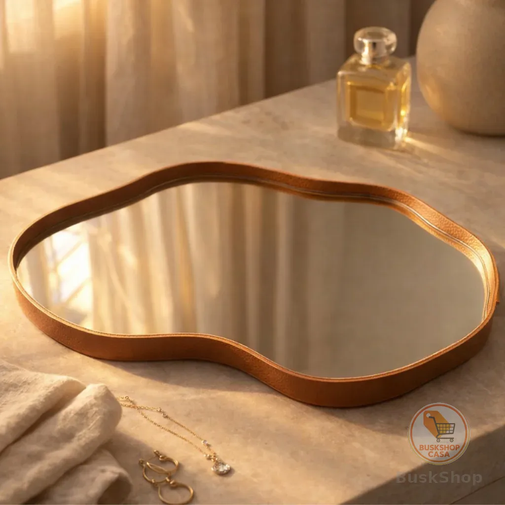 Bandeja Espelhada Decorativa Orgânico Couro Ecológico Premium 38x26cm Sala Quarto Banheiro Mesa Hall