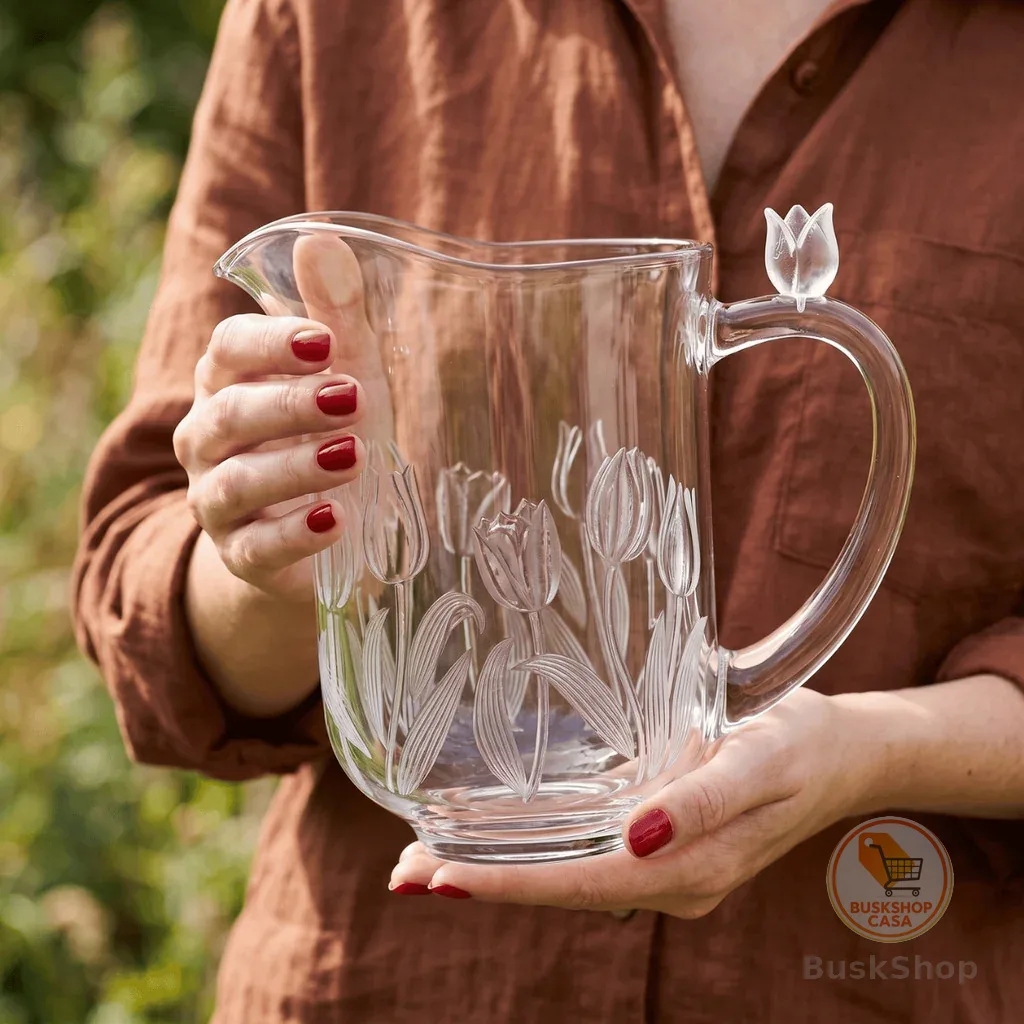 Jarra De Vidro Com Tulipa 1,7L Jarro Agua Suco Trabalhado Flores Mesa Posta Cafe Da Manha Luxo