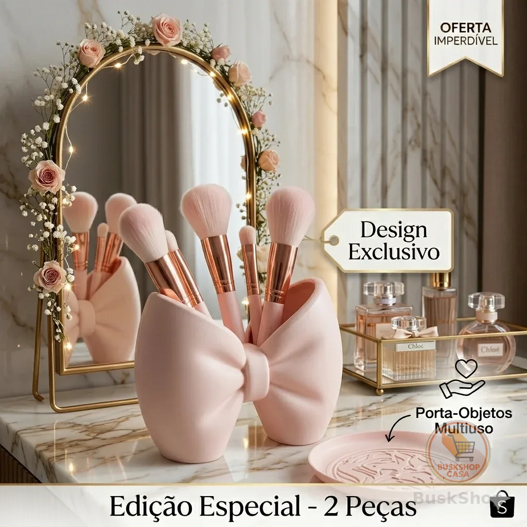 Laço porta pinceis de maquiagem + Bandeja rosa limpa pinceis - porta joias - Kit Premium Laço Grande