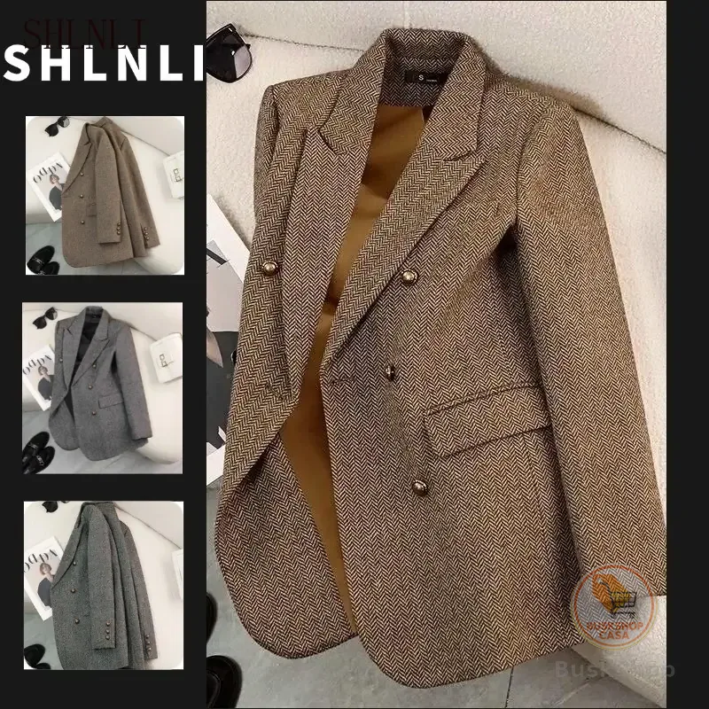 Blazer Feminino Casual Tweed Espinha De Peixe Jaqueta Com Peito Duplo
