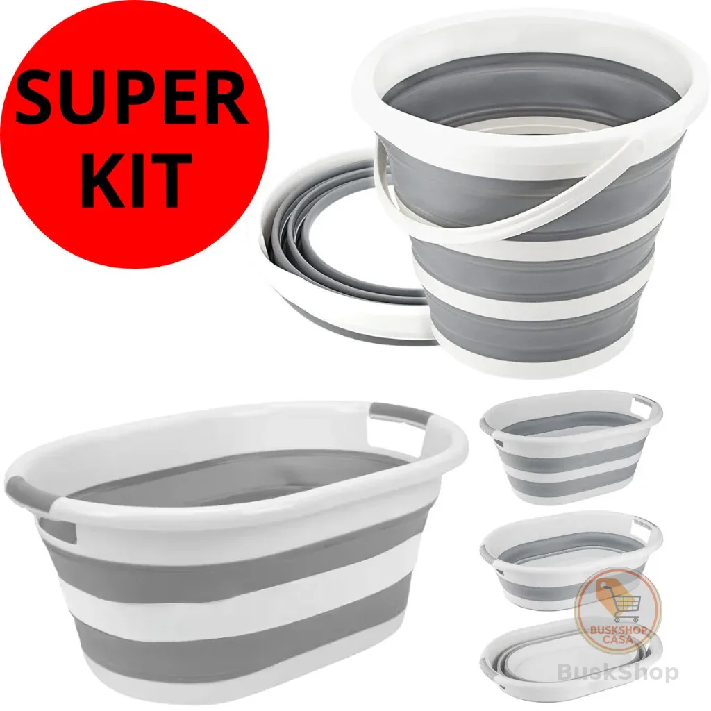 Kit Com Balde Retrátil 10 Litros E Cesto Dobrável 26 Litros Silicone Resistente Com Alça Powermaid