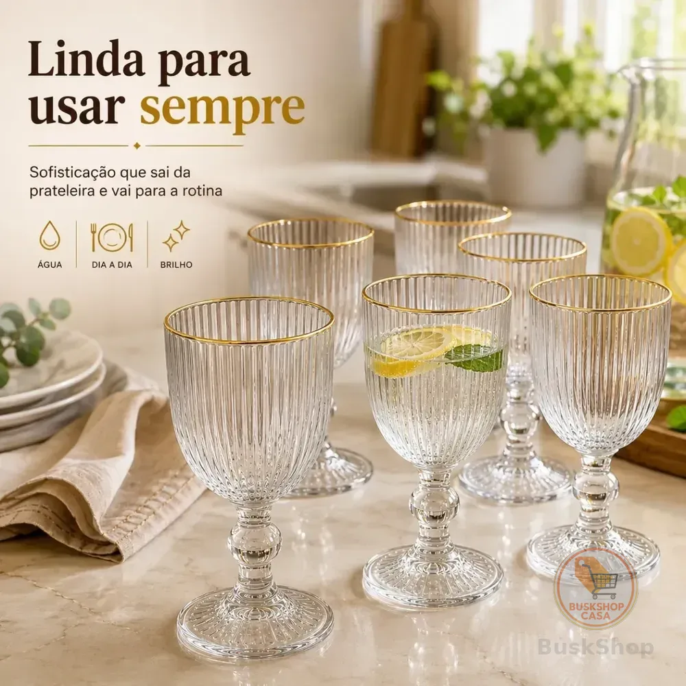 Kit de 6 Taças de Vidro Canelado com Borda Dourada para Água, Vinho e Suco Pratitudo Essencial Versalhes Gold 340 mL