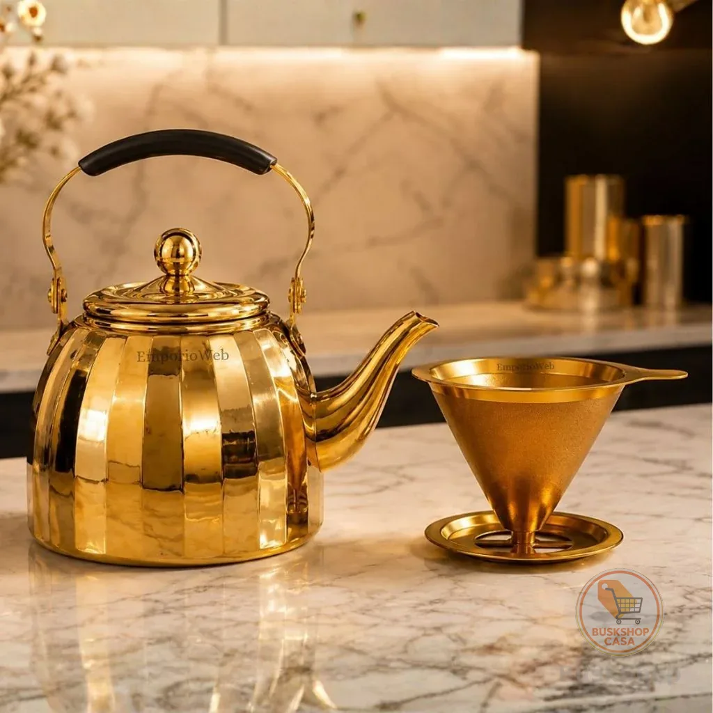 Kit Café Dourado Bule 1 Litro com Coador Inox Conjunto Elegante Mesa Posta Presente Premium
