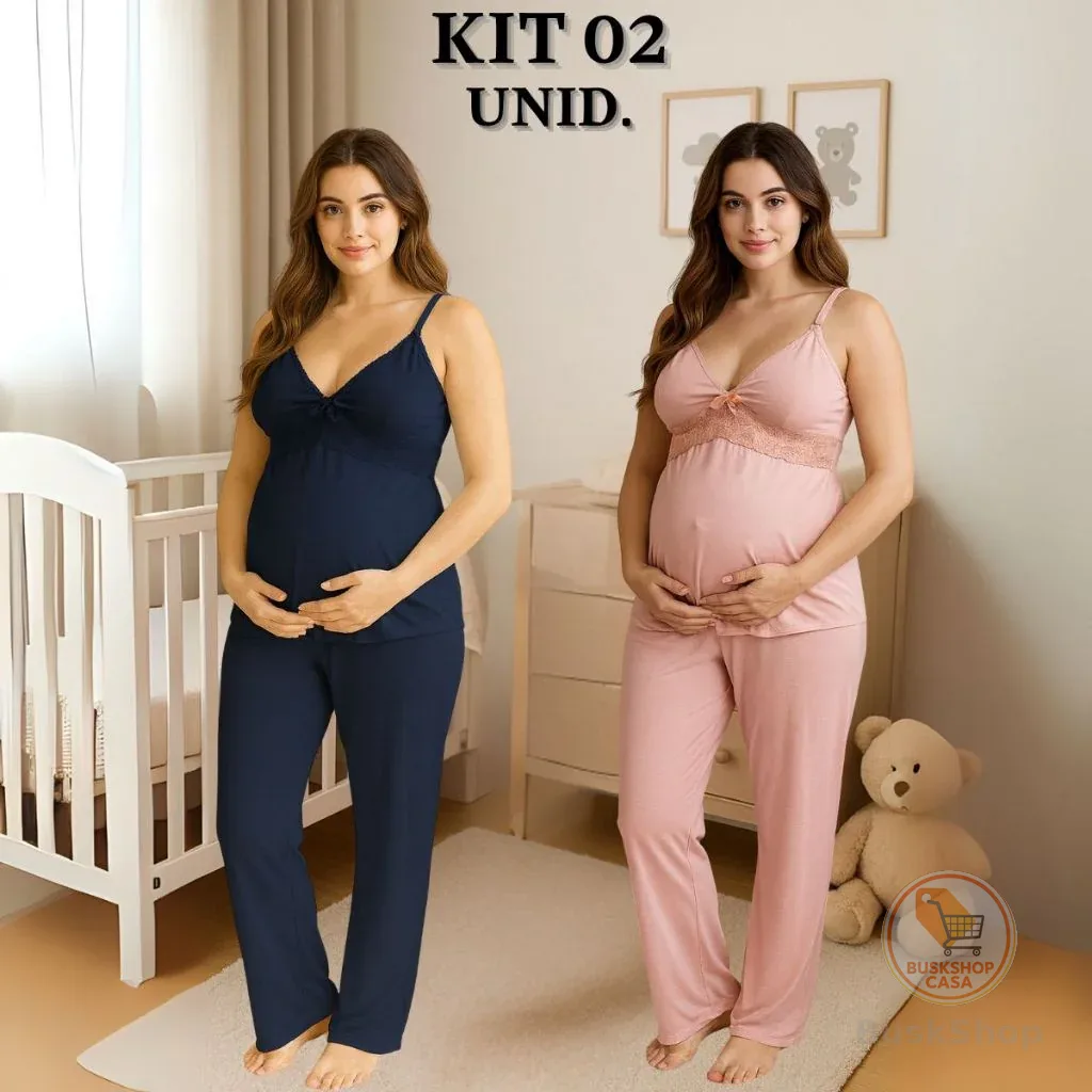 KIT 02 Pijamas Amamentação com Renda e Blusa abertura em Click Alça Reforçada e CALÇA Maternidade.