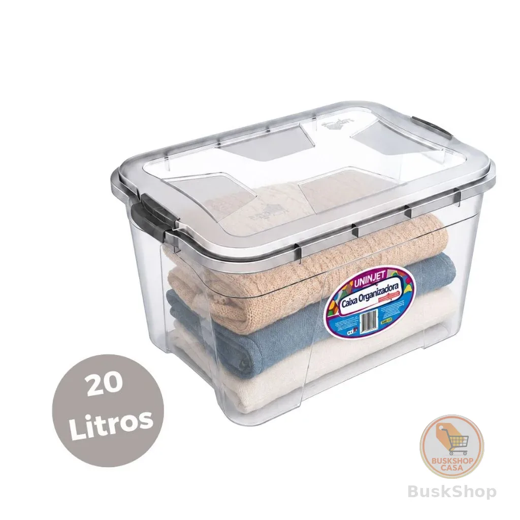 Caixa Organizadora 20 Litros Multiuso plástico transparente tampa Armazenamento Grande 42x27x28