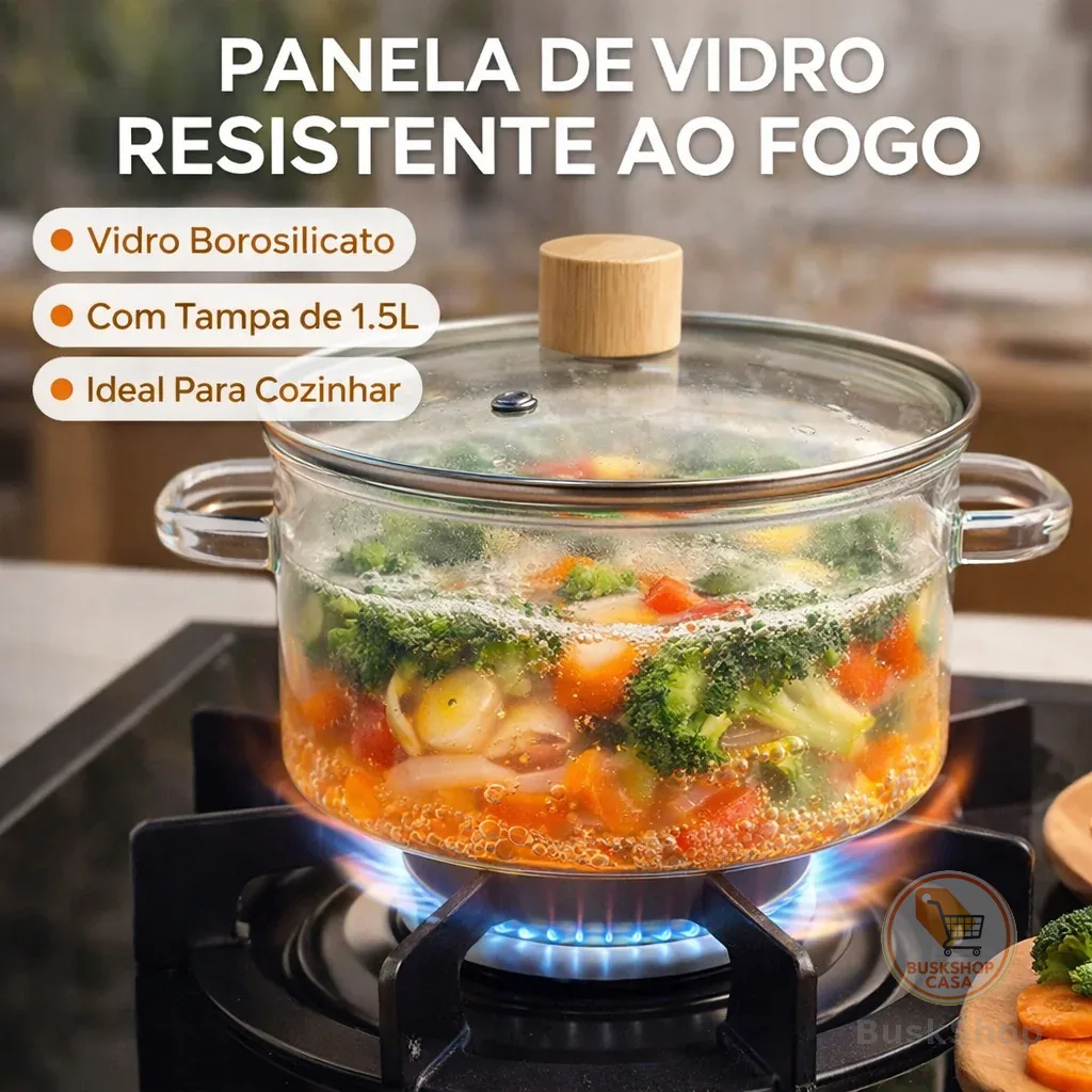 Tigela Caçarola de Vidro Borossilicato com Tampa 1,5L Transparente Premium para Sopas, Caldos, Molhos e Mesa Posta