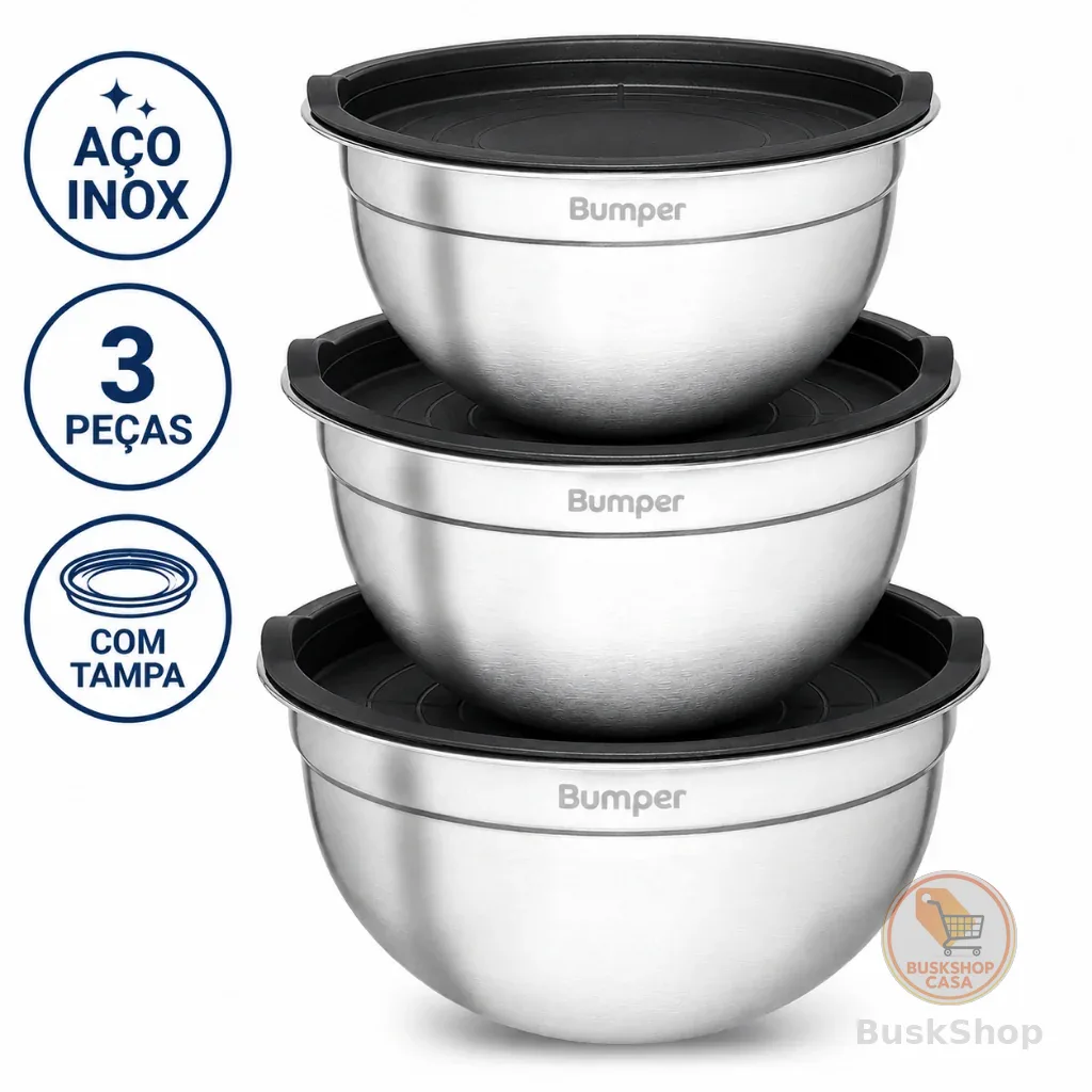 Kit 3 Bowls Inox com Tampa Bumper 1,4L 2L 2,6L Empilháveis Pote Tigela Multiuso