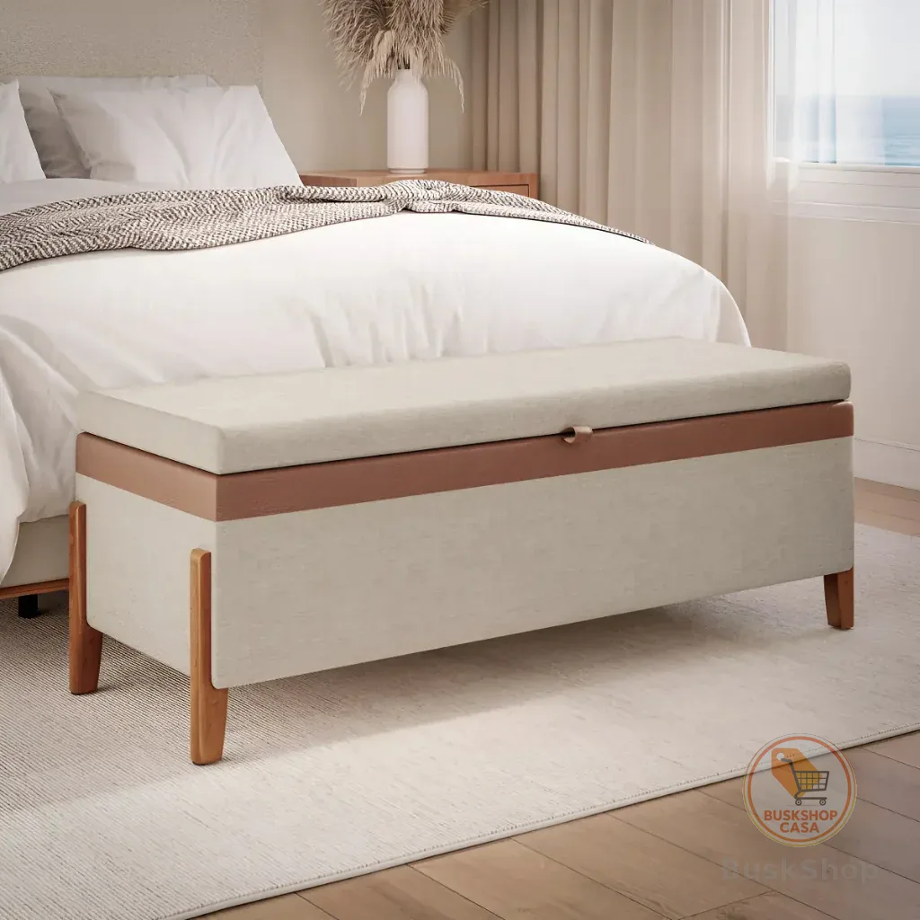 Sapateira Recamier Baú Atenas 1,55m Linho Multiuso Organizador Decorativo Moderno Pés Madeira Maciça Para Sala e Quarto