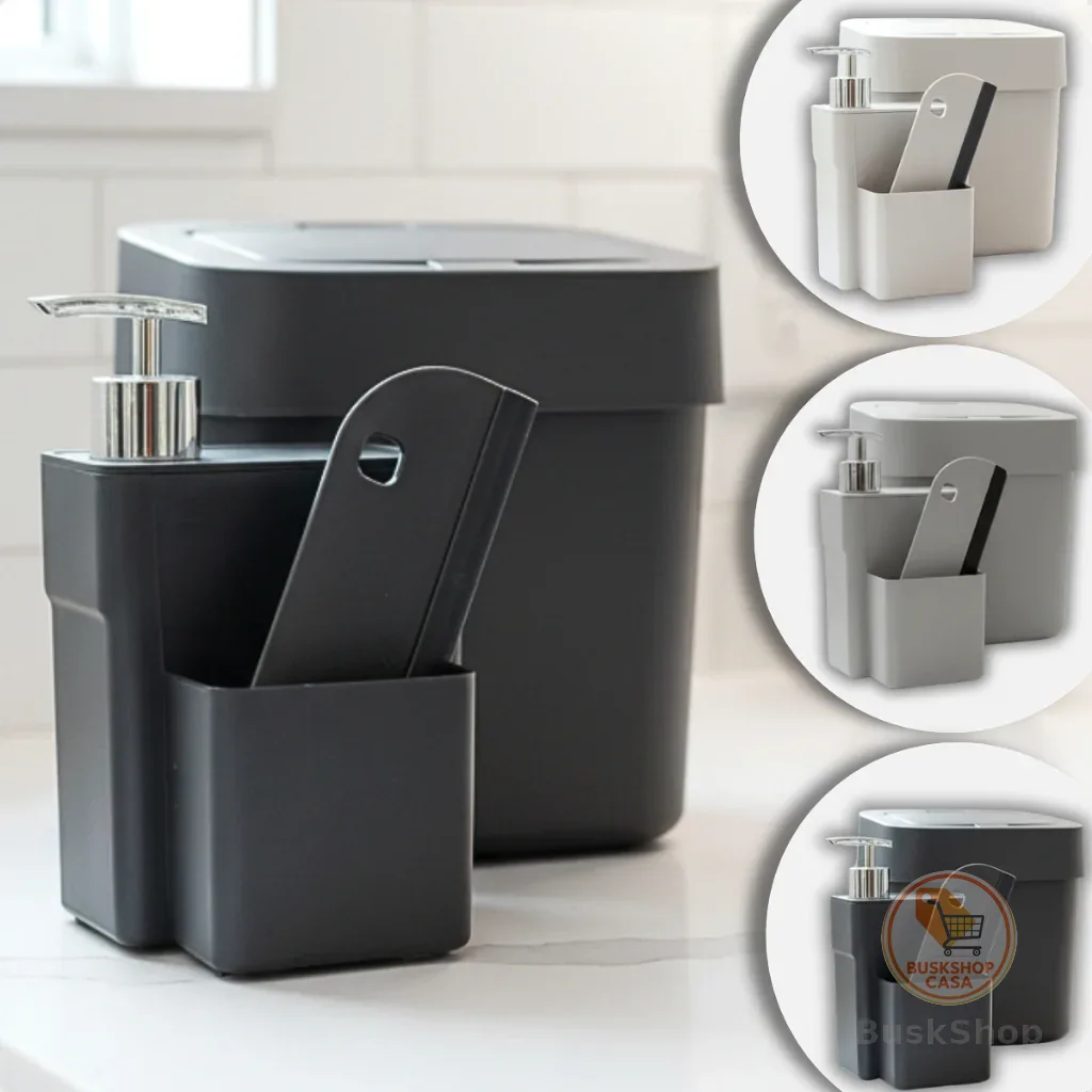 Kit Lixeira Pia De Cozinha 4 Litros E Dispenser Porta Deterente Sabão Bucha Luxo Pequena Kit Organizador Pia Lixeirinha