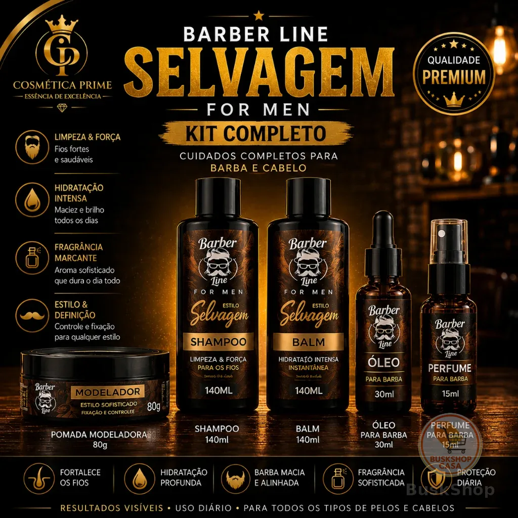 Kit Barba e Cabelo Masculino Completo Shampoo Balm Óleo Modelador Perfume Selvagem | Cosmética Prime