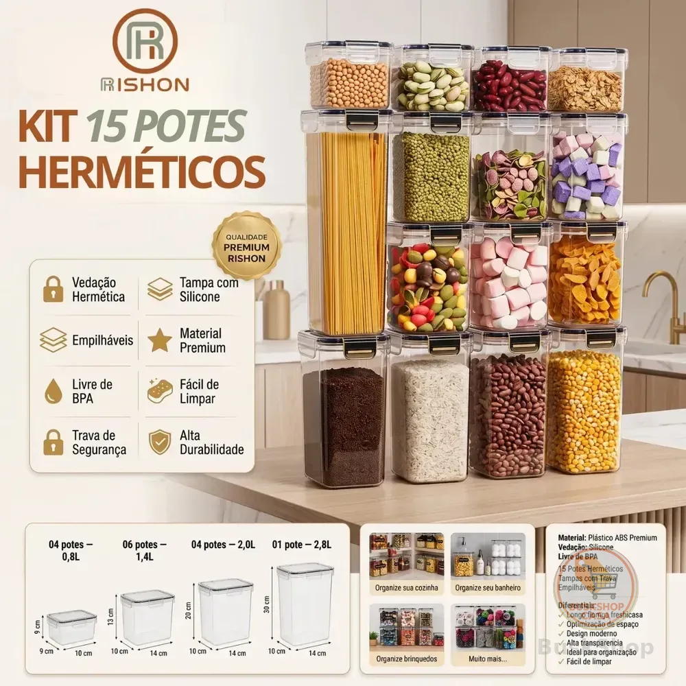 Kit 15 Potes Hermético Cadencia Mantimentos Quadrado Cozinha Branco Rishon 22,4 Litros