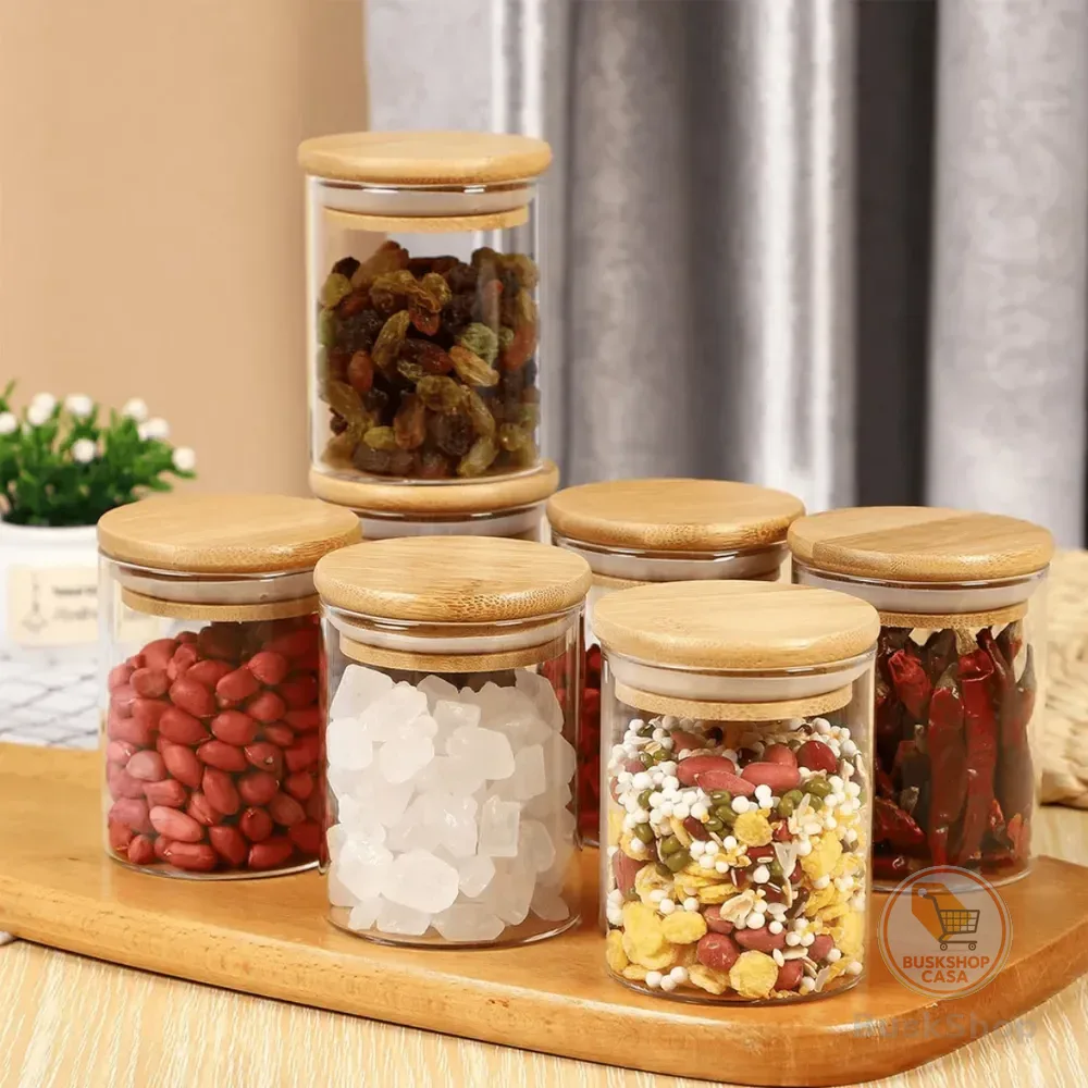 Kit 6 Pote Vidro Porta Temperos Hermético Cozinha Organiza Vidro/tampa De Bambu