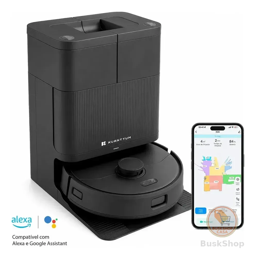 Robôs Aspirador de Pó Automático 4 em 1 - Kuanttum X20 20000 PA com Base Autolimpante e Mapeamento inteligente wifi Laser Preto Alexa e Google Lançamento 2026