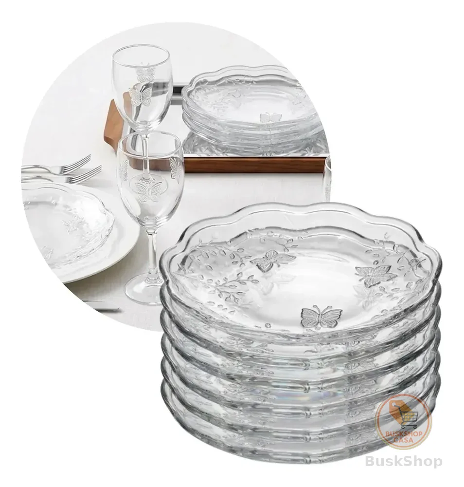 Jogo 6 Pratos Raso Jantar Almoço 27cm Cristal Butterfly Lyor