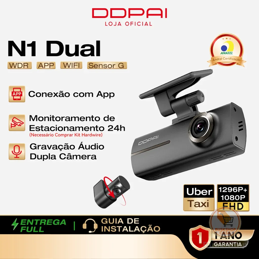 Câmera Veicular DDPAI N1 Dual 1296P+1080P Uber WiFi App Supercapacitor Visão Noturna Gravação em Loops