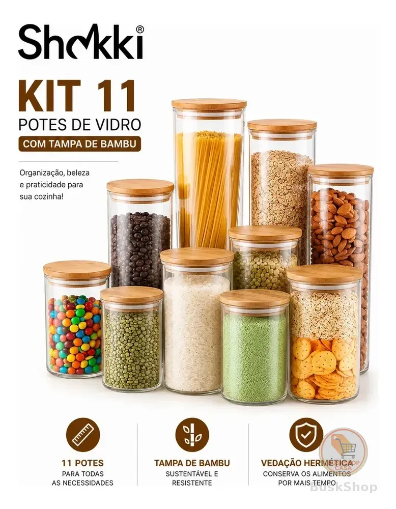 Kit com 11 Potes de Vidro Herméticos com Tampa de Bambu