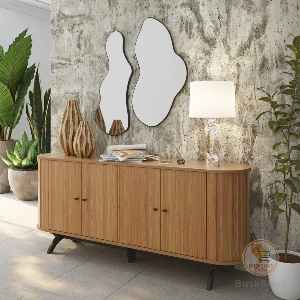 Buffet Aparador Curvo com Canto Arredondado 180cm 4 Portas 100% MDF Freijó/Preto