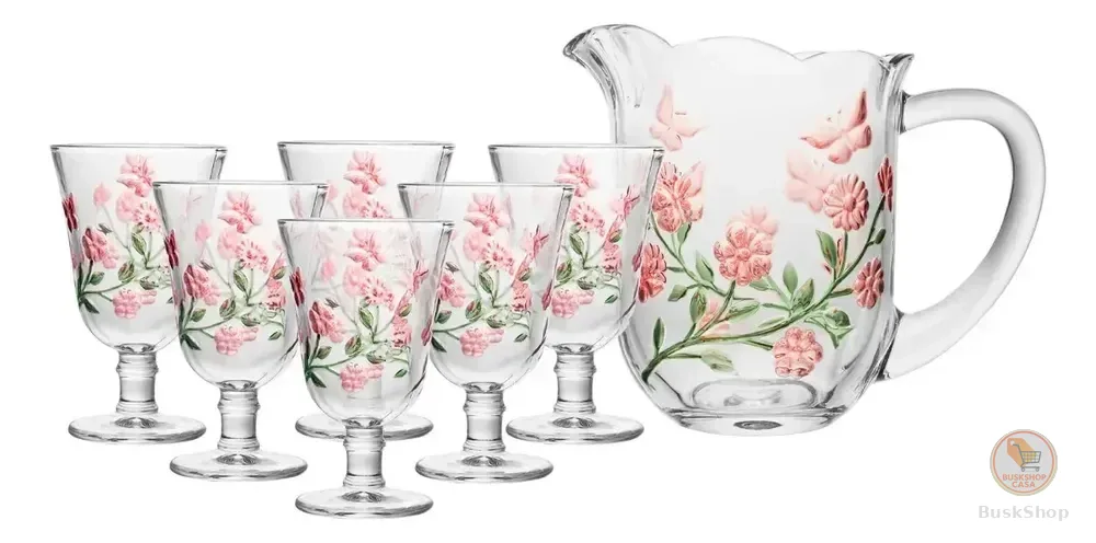 Conjunto 7 Peças Jarra E 6 Taças Lys Hand Painting 1,5l/240ml Cristal Lyor