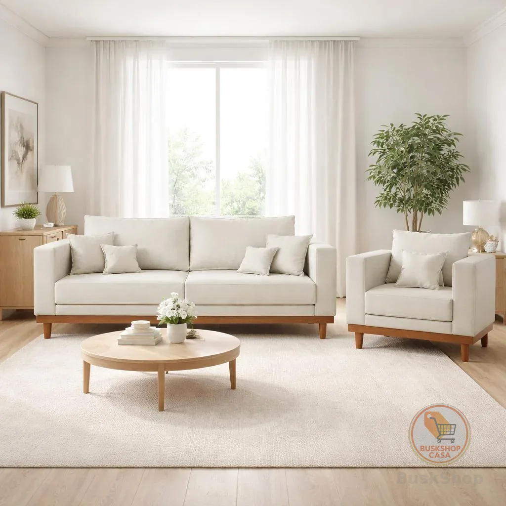 Kit Poltrona Living + Sofá 2 Lugares com Base Madeira Suede