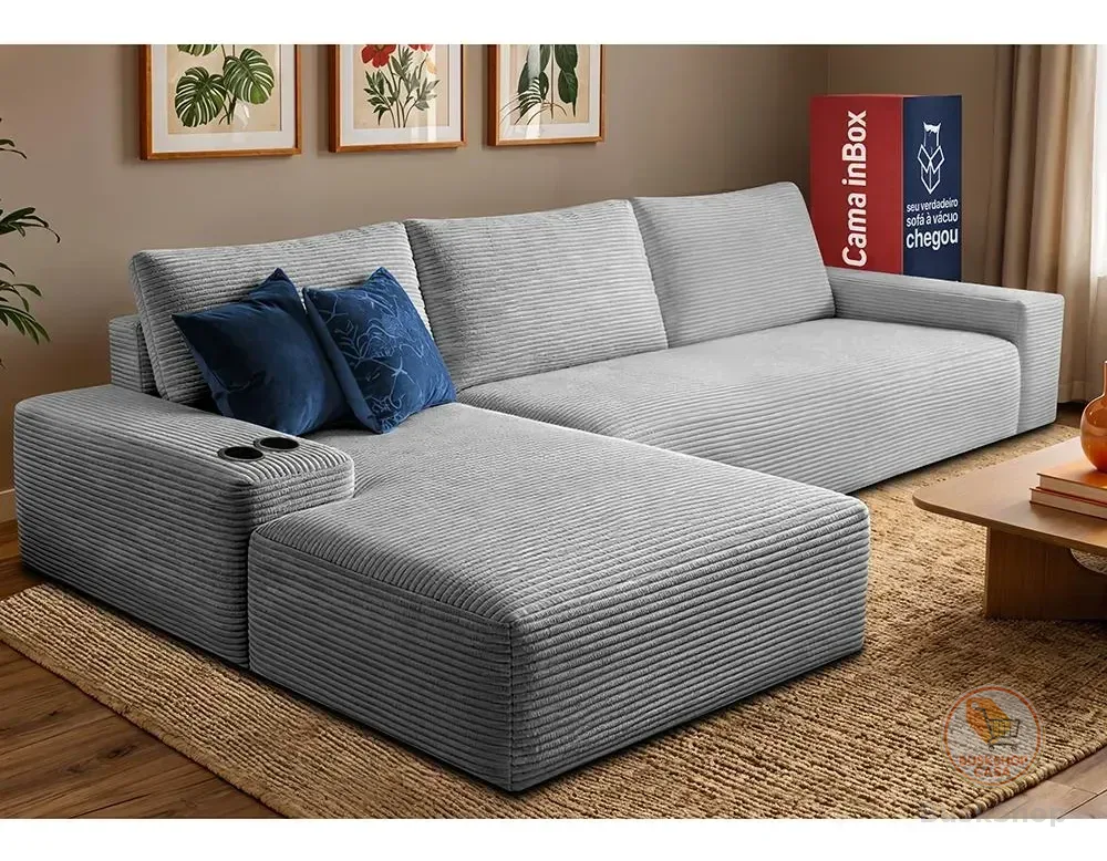 Sofá Evo. 2,70m Molas Ensacadas Com Chaise Esq. Cama Inbox Prateado Liso