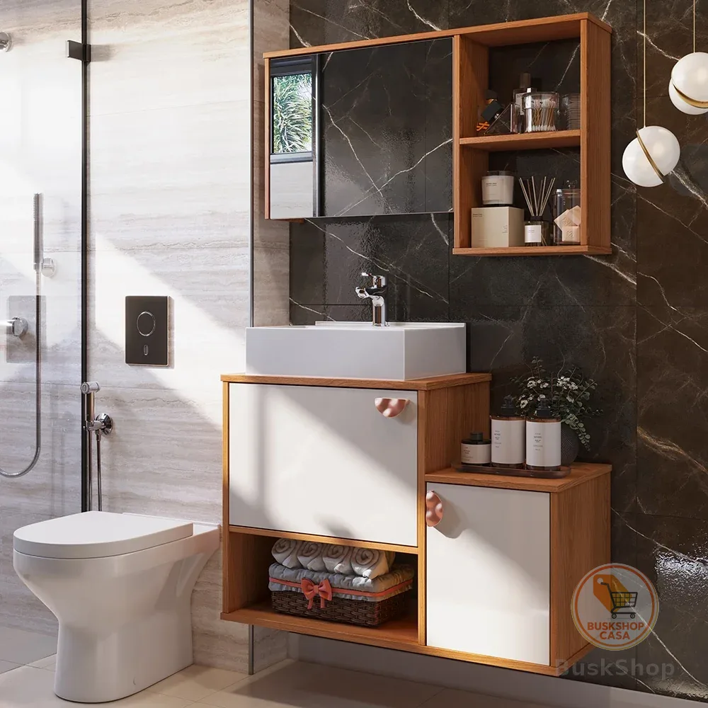 Gabinete Banheiro com Espelheira Lotus Movelove – 3 Portas, Cuba, Compacto e Funcional