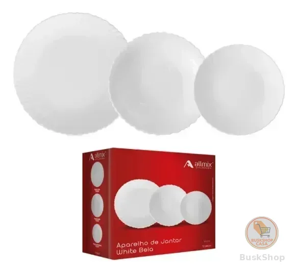 Aparelho De Jantar De Vidro White Bela Com 12 Pecas Allmix. Branco Lisa