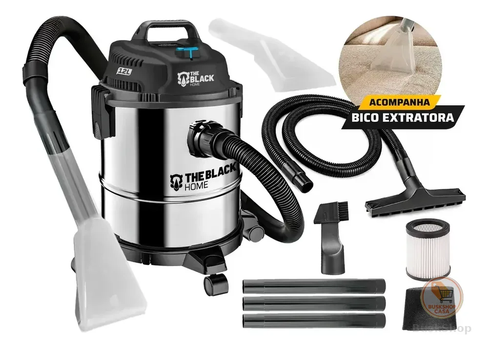 Aspirador De Pó E Água Inox Turbo 12 Litros 1200w Com Soprador E Bico Extratora Multiuso Tbac120 The Black Tools