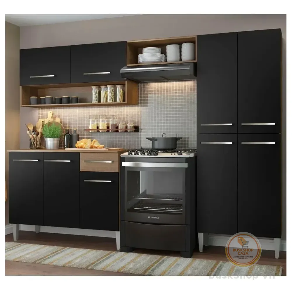 🛍️Armário De Cozinha Modulada Completa Compacta Emilly  Pop Com Armário E Balcão Cor Rustic/preto  Grem229002 Rústico/preto