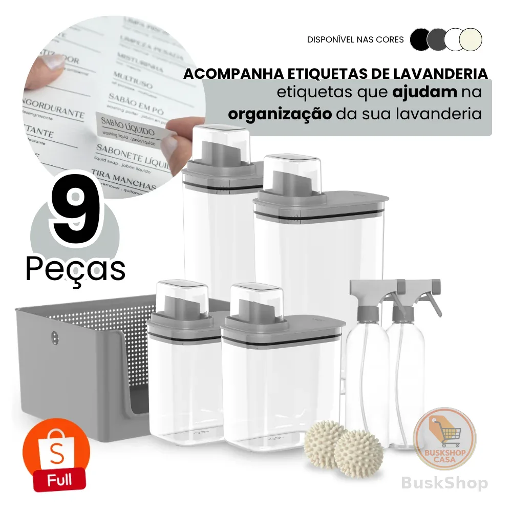 Kit Organizador Lavanderia 9 Peças Dispenser 1,5 + 2,3L 2 Borrifadores Cesto 16L 2 Esfera Seca Roupa