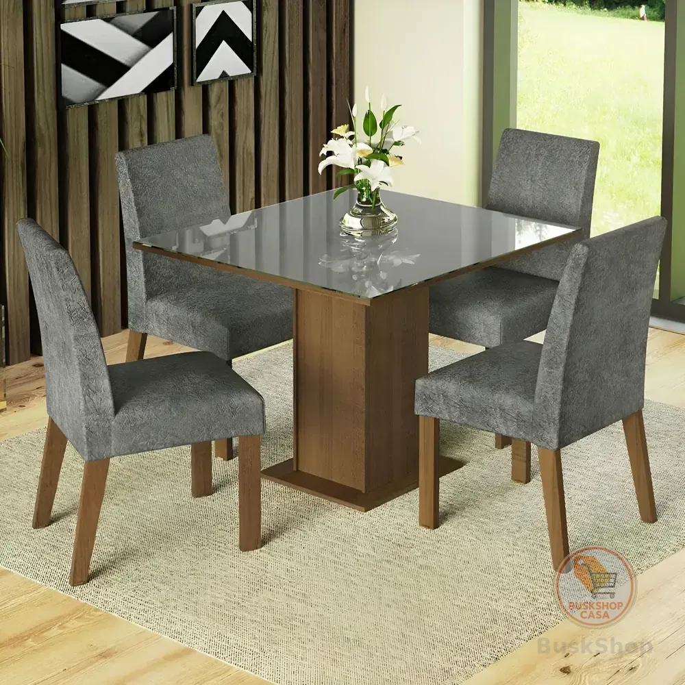 Sala Jantar Estofada Mesa Tampo Vidro 4 Cadeiras Madesa Anne Rcs Cor Rustic/Cinza/Silver MDJA040140F9SIL