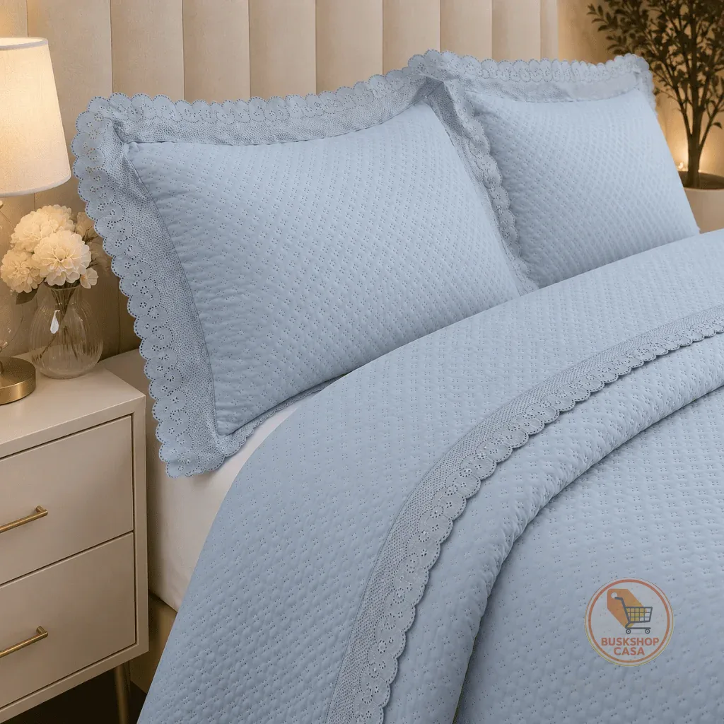 Kit Colcha Cobre Leito Cama Queen 3 peças percal 200 Fios com Renda Bordada Luxo
