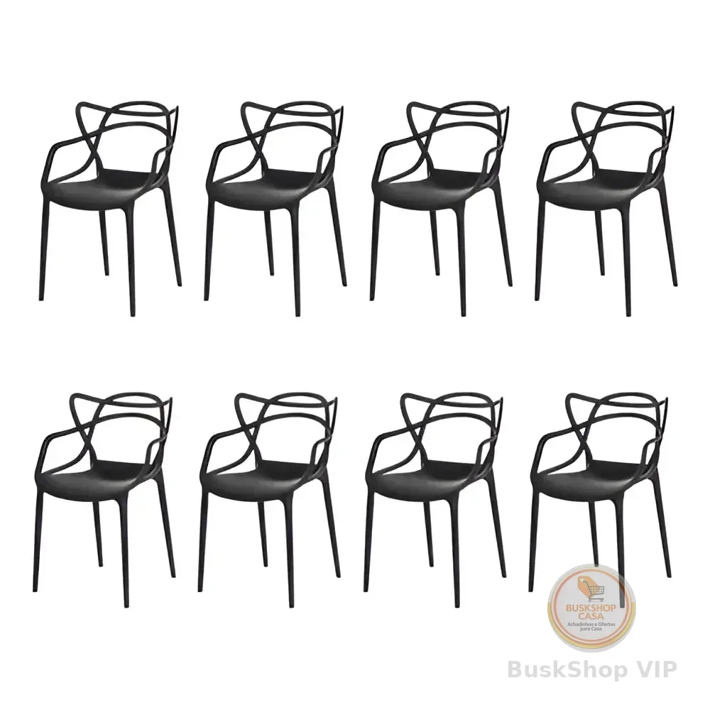 🛍️Kit 8 Cadeiras Allegra Master Waw Design Preta Polipropileno Empilhável Preto.