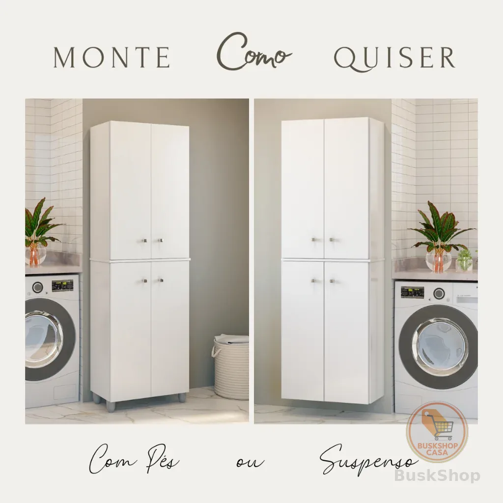 Armário Multiuso Parede 4 Portas 184cm | Suspenso ou com Pés | Lavanderia/Cozinha