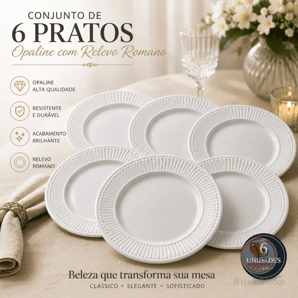Kit 6 Pratos Rasos Opaline Branco Redondo 27cm Duralex para Restaurante Buffet Hotel Almoço e Jantar