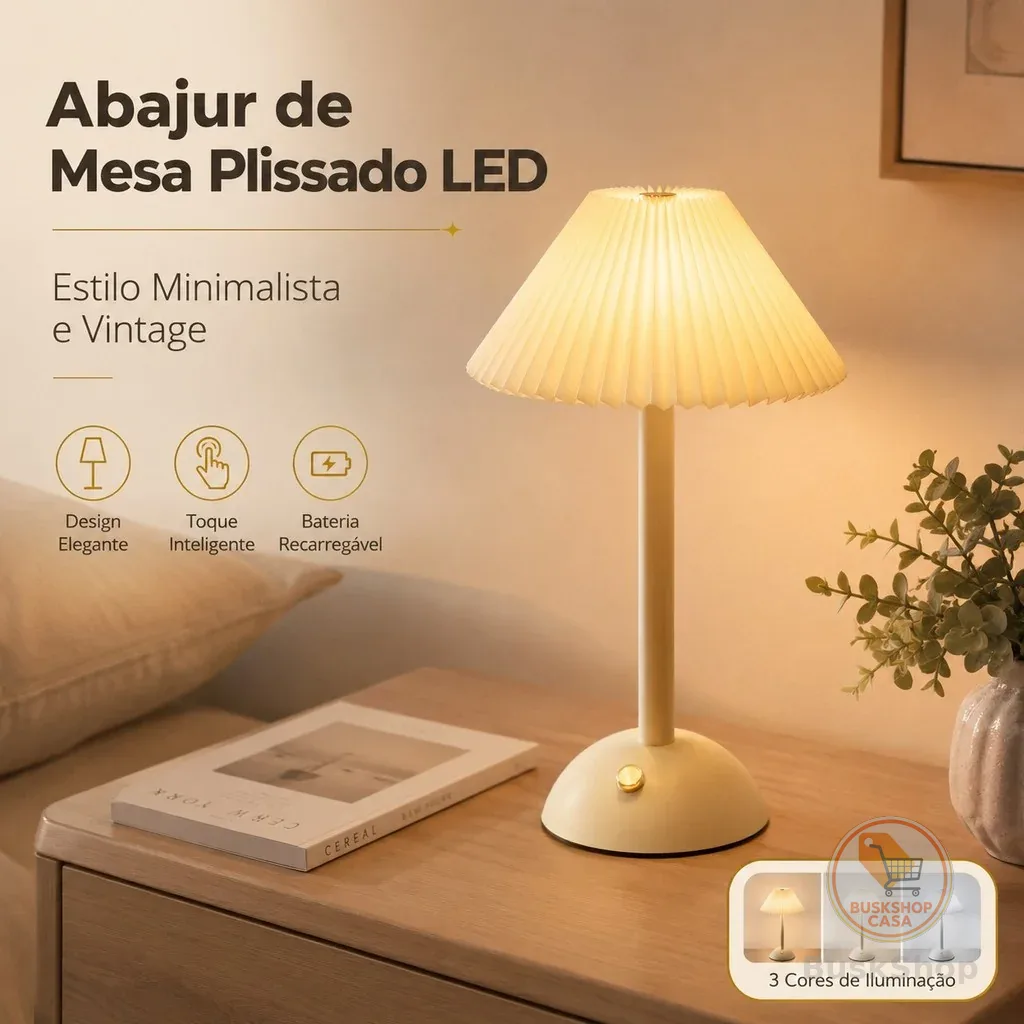 Abajur de Mesa Plissado LED 3 Cores Minimalista Creme