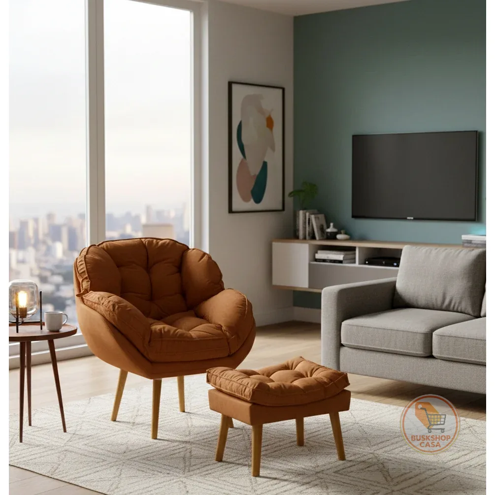 Poltrona Decorativa com Puff Tecido Suede Quarto Sala Consultório Clínica