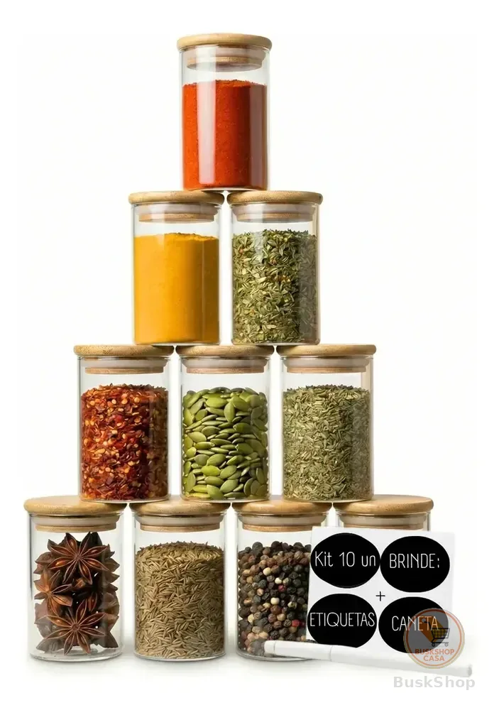 Porta-temperos Ame Cozinha Porta Temperos Bambu marrom om capacidade para 10 unidades, inclui 10 potes