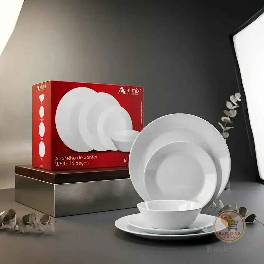 Aparelho De Jantar De Vidro Premium 16 Pçs Pratos Bowl Luxo Branco Liso