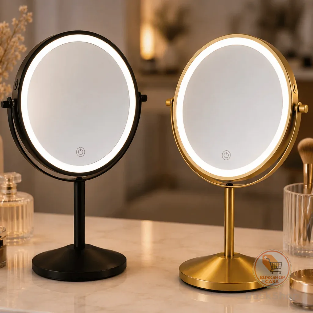 Espelho Maquiagem de Mesa com LED Touch Dupla Face 10x Recarregável USB-C Redondo para Bancada