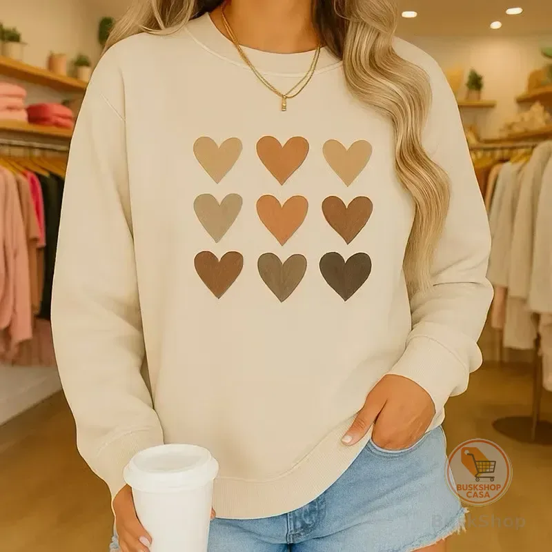 Moletom Feminino Gola Careca Blusa De Frio 9 Corações Estilo Gg Bege