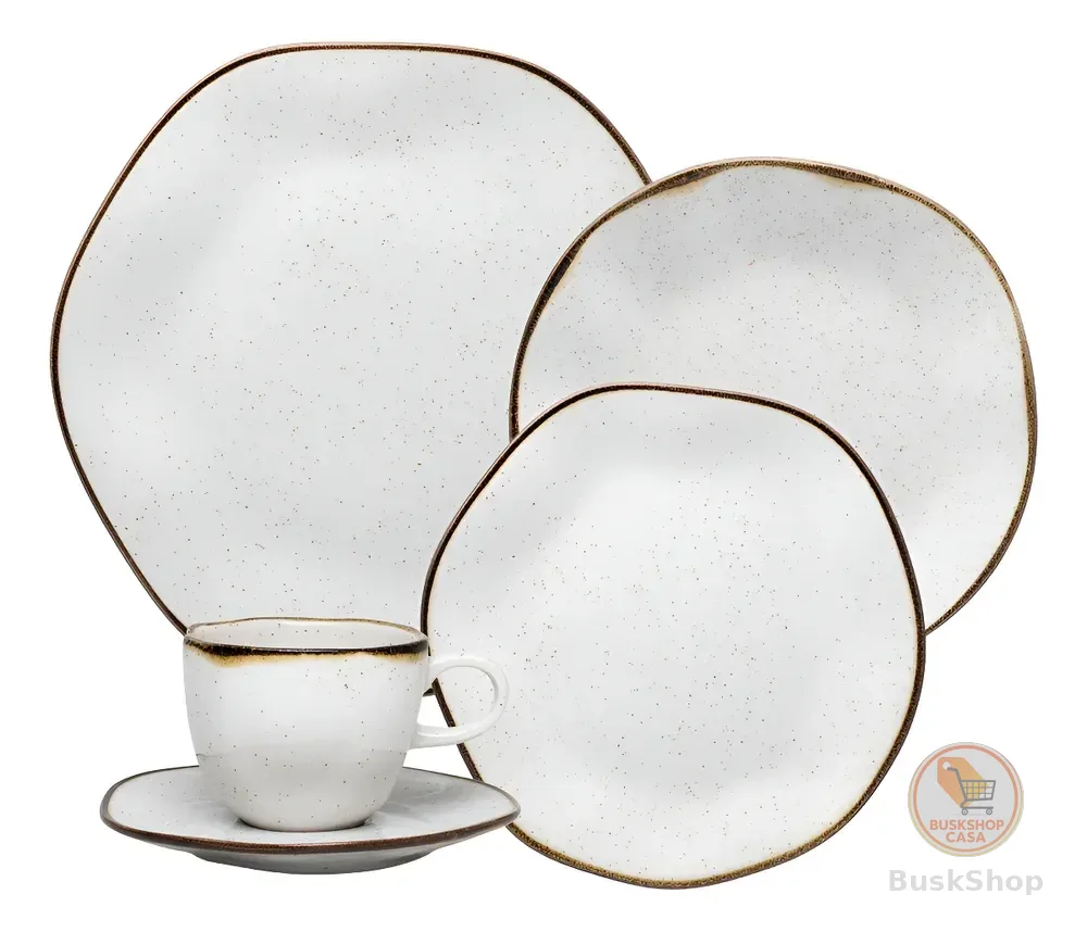Aparelho De Jantar 30 Peças Ryo Maresia Oxford Porcelana Off White e Marrom