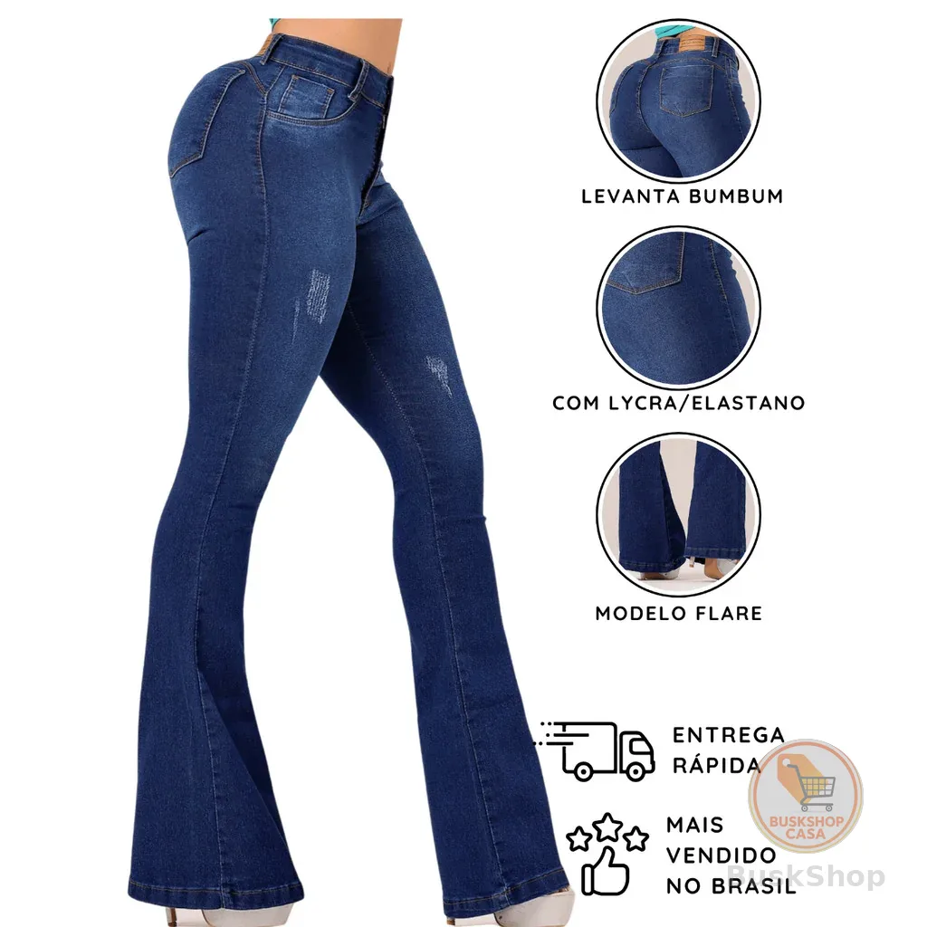 Calça Jeans Flare Feminina Cintura Alta com Lycra, Levanta Bumbum, Modelo Boca de Sino Premium